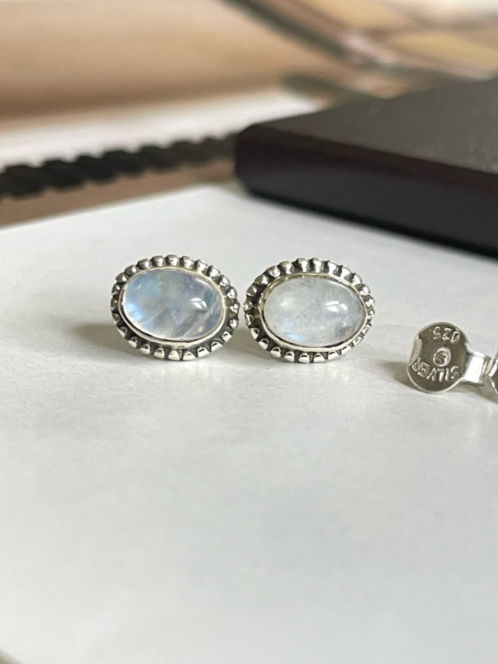 Moonstone stud Earrings 925 Sterling Silver, V I B E S